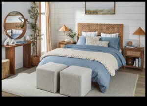 Piekrastes guļamistabas dekors atpūtai pie jūras