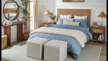 Piekrastes guļamistabas dekors atpūtai pie jūras